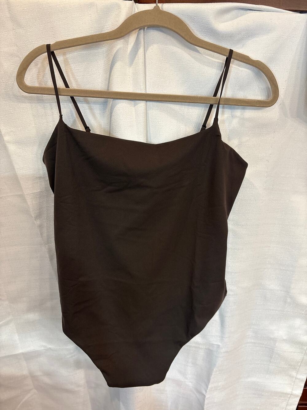 Athleta Bodysuit Brown Square Neck Spaghetti Strap Size L NWOT